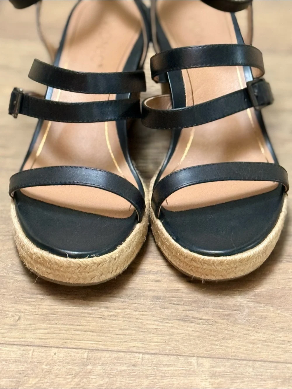 Vionic Sabina Size 10 Black Leather Espadrille Wedge Sandals Strappy Comfort New